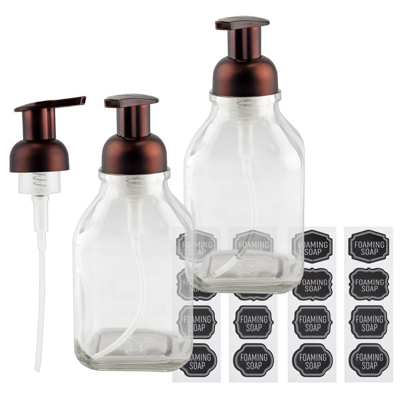 Cornucopia Brands 16-Ounce Square Glass Foaming Soap Dispensers (2-Pack, Clear Bottle w/Bronze Color Pump) - Image 1